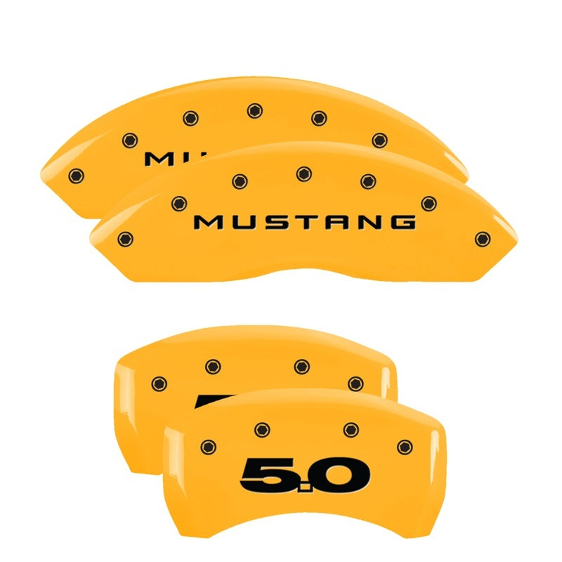 MGP 4 Caliper Covers Engraved Front Mustang Engraved Rear 50 Yellow finish black ch MGP