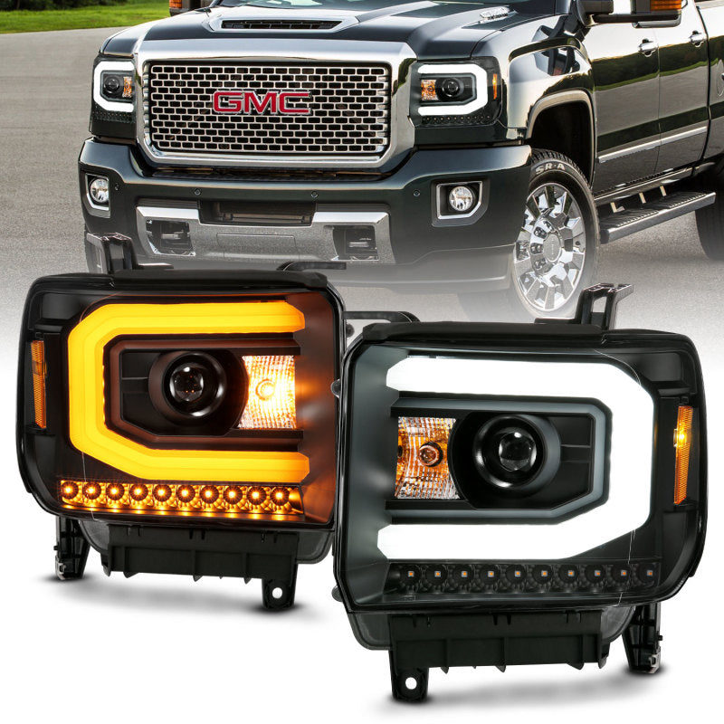 ANZO 2014-2015 Gmc Sierra 1500 Projector Headlight Plank Style Black w/ Switchback (Halogen Type) - eliteracefab.com