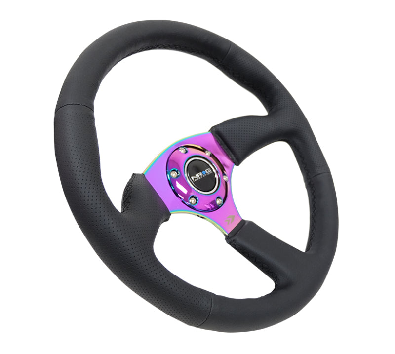 NRG Reinforced Steering Wheel (350mm / 2.5in. Deep) Leather Race Comfort Grip w/4mm Neochrome Spokes - eliteracefab.com