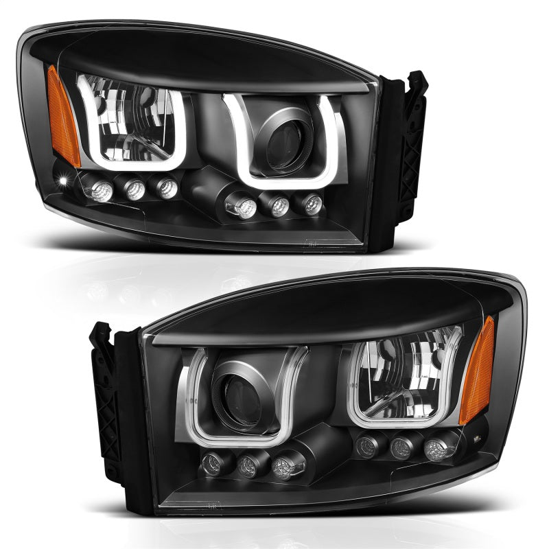 ANZO USA Dodge Ram 1500 / 2500 / 3500 Projector Headlights W/ U-Bar Black; 2006-2008 - eliteracefab.com