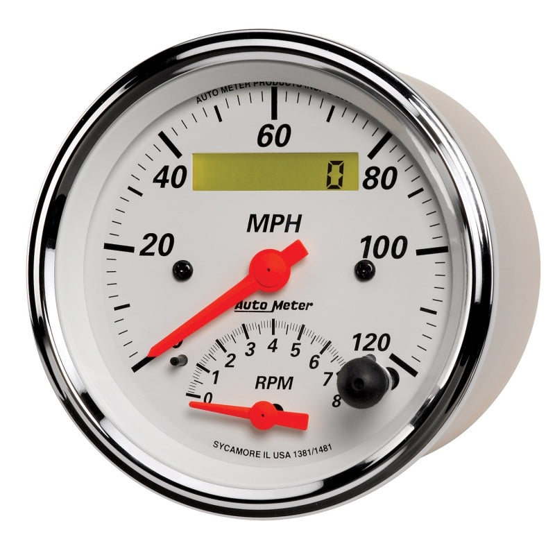 AutoMeter Gauge Tach/Speedo 3-3/8in. 120MPH & 8K RPM Elec. Program. Arctic White 1381