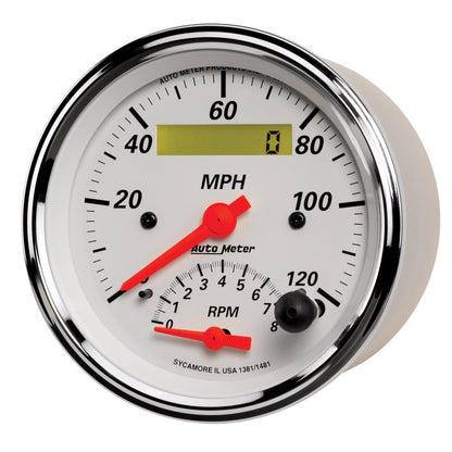 AutoMeter Gauge Tach/Speedo 3-3/8in. 120MPH & 8K RPM Elec. Program. Arctic White 1381
