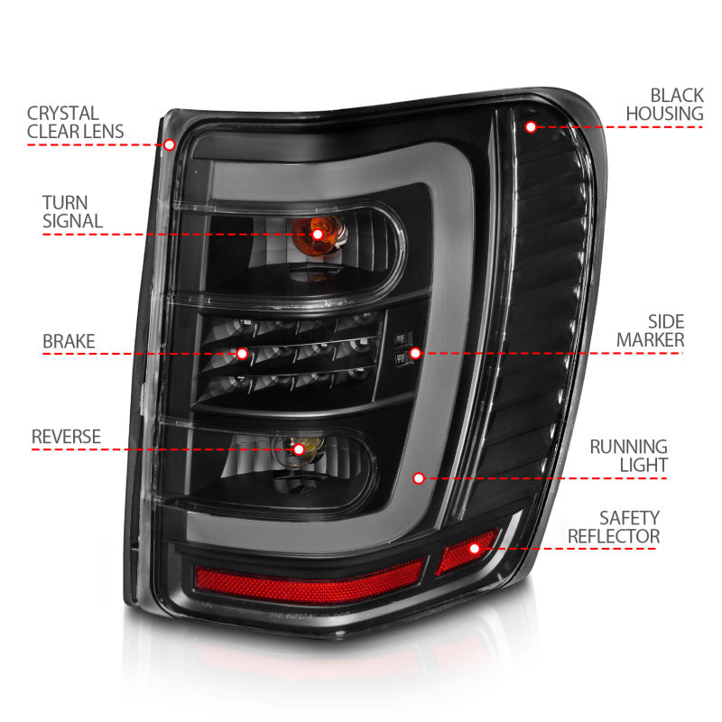 ANZO 1999-2004 Jeep Grand Cherokee LED Tail Lights w/ Light Bar Black Housing Clear Lens - eliteracefab.com