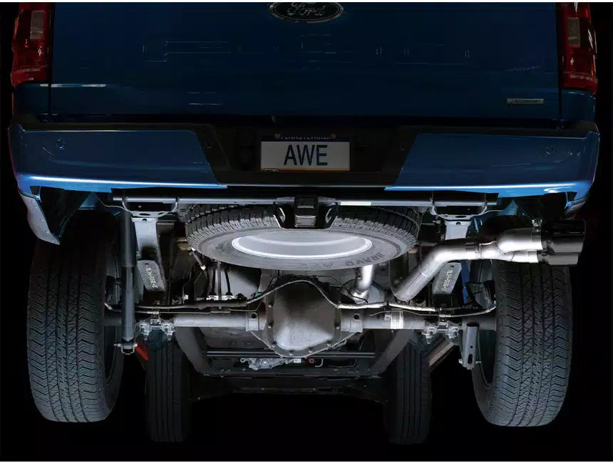 AWE 0FG 21+ Ford F150 Dual Side Exit Cat-Back Exhaust - 4.5in Diamond Black Tips - eliteracefab.com