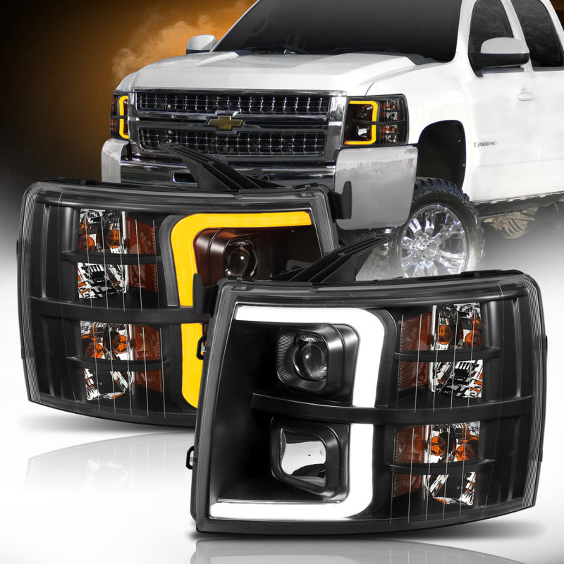 Anzo 07-13 Chevrolet Silverado-1500 Plank Style Projector Headlights Black with Amber - eliteracefab.com