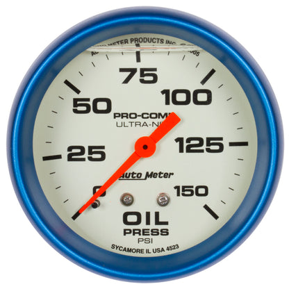 Autometer Ultra-Nite 2-5/8in 0-150 PSI Liquid Filled Mechanical Glow In Dark Oil Pressure Gauge 4223