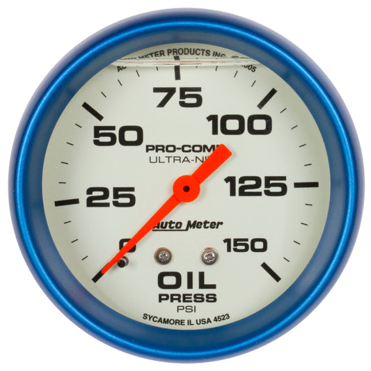 Autometer Ultra-Nite 2-5/8in 0-150 PSI Liquid Filled Mechanical Glow In Dark Oil Pressure Gauge 4223