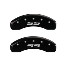 Load image into Gallery viewer, MGP 4 Caliper Covers Engraved Front &amp; Rear Silverado style/SS Black finish silver ch MGP