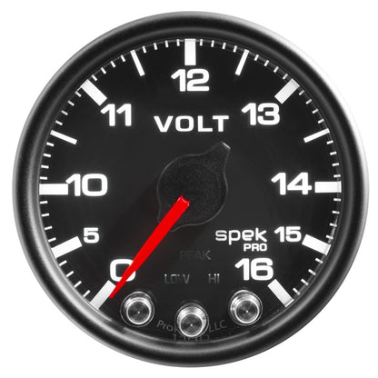 Autometer Spek-Pro Gauge Voltmeter 2 1/16in 16V Stepper Motor W/Peak & Warn Blk/Blk P34432