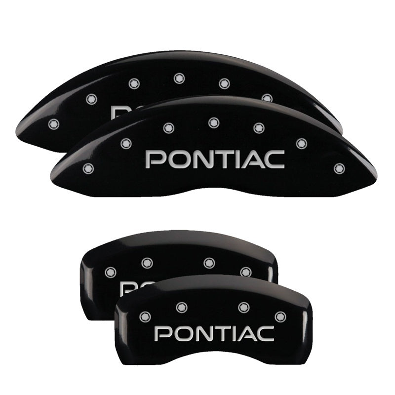 MGP 4 Caliper Covers Engraved Front Pontiac Engraved Rear Arrow Black finish silver ch MGP