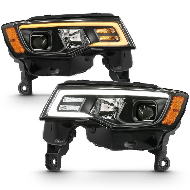 ANZO 2017-2018 Jeep Grand Cherokee Projector Headlights w/ Plank Style Switchback - Black w/ Amber - eliteracefab.com