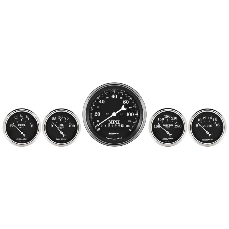 Auto Meter Gauge Kit 5 pc. 3 3/8in & 2 1/16in Elec. Speedometer Old Tyme Black 1740
