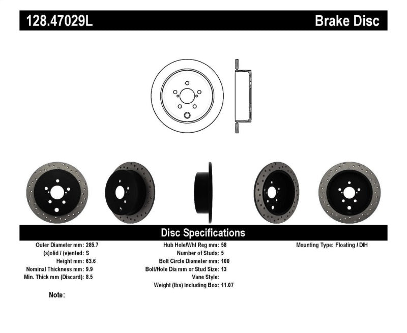 STOPTECH 08-10 WRX DRILLED LEFT REAR ROTOR, 128.47029L - eliteracefab.com