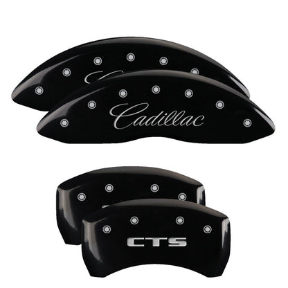 MGP 4 Caliper Covers Engraved Front Cursive/Cadillac Engraved Rear CTS Black finish silver ch MGP