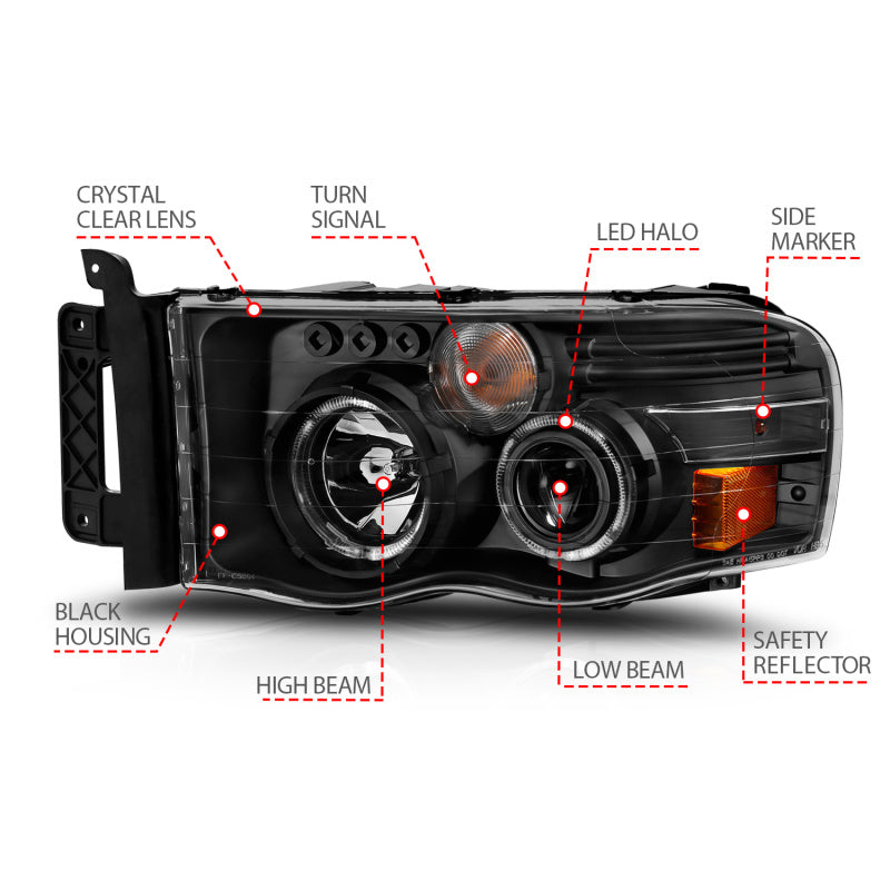 ANZO 2002-2005 Dodge Ram 1500 Projector Headlights w/ Halo Black Clear Amber - eliteracefab.com