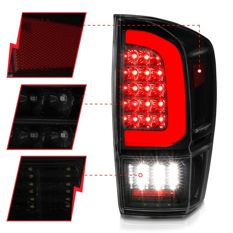 ANZO 16-21 Toyota Tacoma LED Tail Lights - w/ Light Bar Sequential Black Housing & Smoke Lens - eliteracefab.com