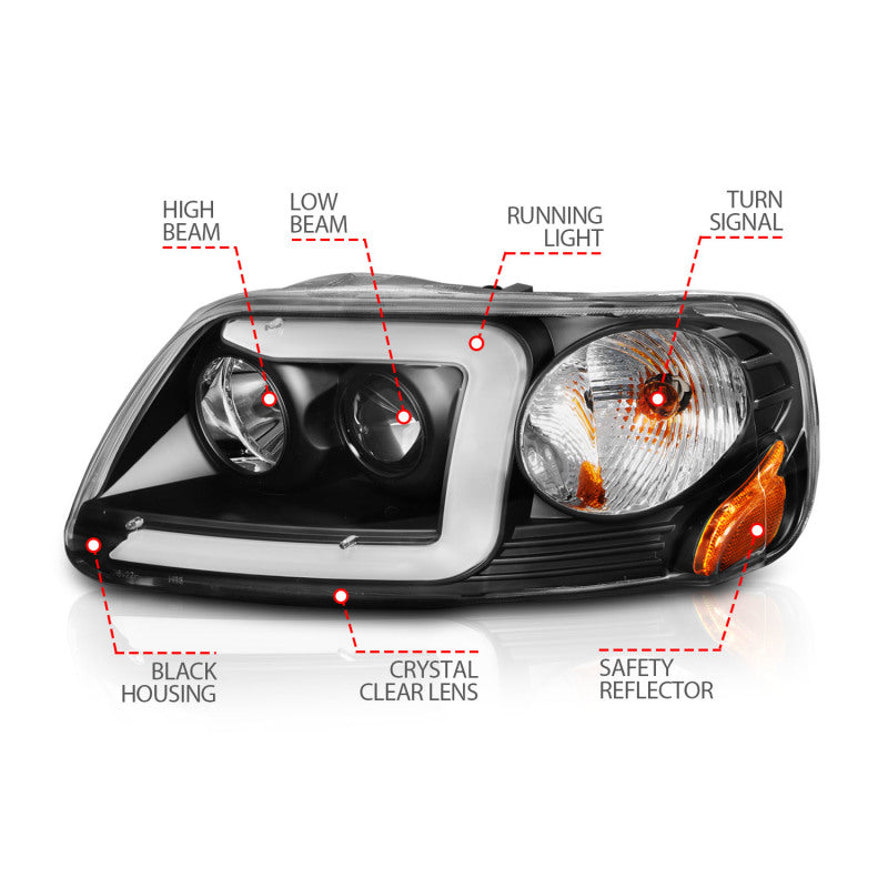 ANZO 1997-2003 Ford F-150 Projector Headlights w/ Light Bar Black Housing - eliteracefab.com