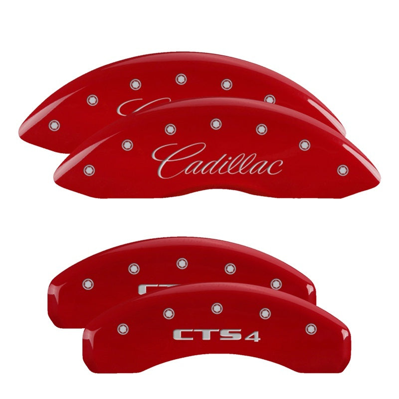 MGP 4 Caliper Covers Engraved Front Cursive/Cadillac Engraved Rear CTS4 Red finish silver ch MGP