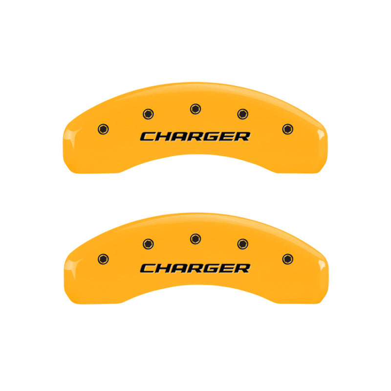 MGP 4 Caliper Covers Engraved Front & Rear Block/Charger Yellow finish black ch MGP