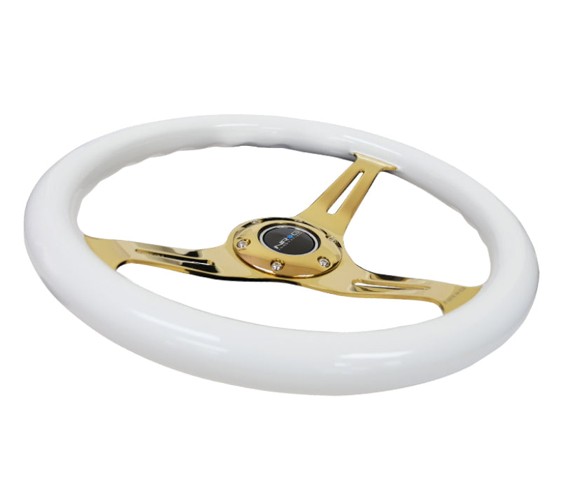 NRG Classic Wood Grain Steering Wheel 350mm Chrome Gold 3-Spokes White Grip - eliteracefab.com