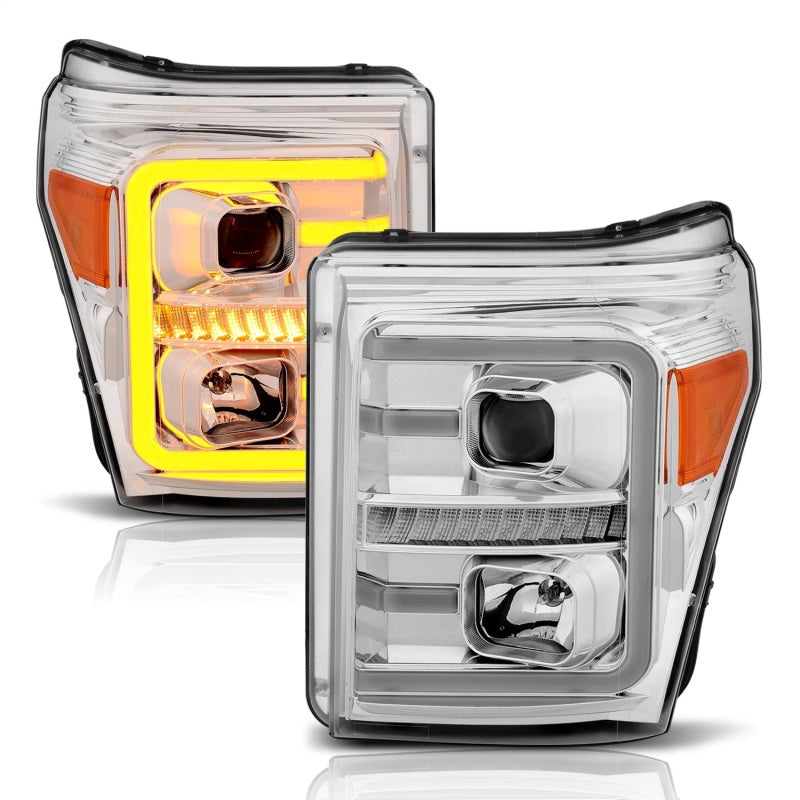 ANZO 11-16 Ford F-250/F-350/F-450 Projector Headlights w/ Plank Style Switchback Chrome w/Amber - eliteracefab.com