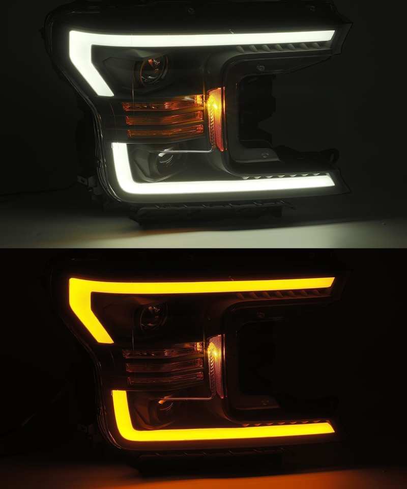 AlphaRex 880174 18-20 Ford F-150 LUXX LED Proj Headlights Plank Style Jet Blk w/Activ Light/Seq Signal/DRL