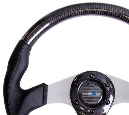 NRG Carbon Fiber Steering Wheel (350mm) Silver Oval Shape w/Leather Trim - ST-013CFSL