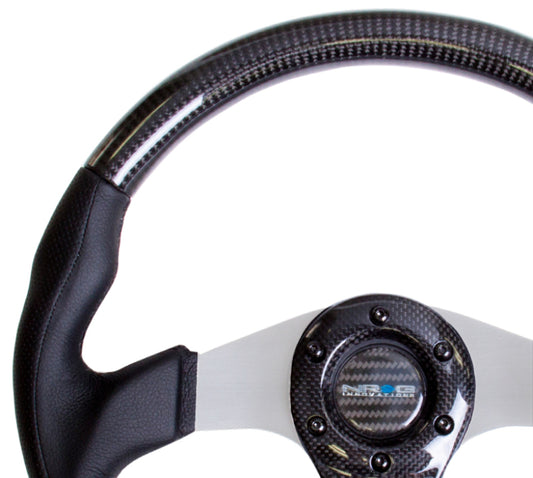 NRG Carbon Fiber Steering Wheel (350mm) Silver Oval Shape w/Leather Trim - ST-013CFSL