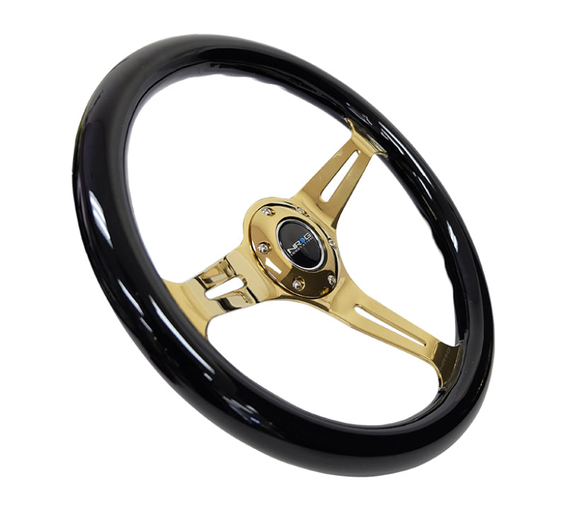 NRG Classic Wood Grain Steering Wheel 350mm Chrome Gold 3-Spokes Black Grip - eliteracefab.com