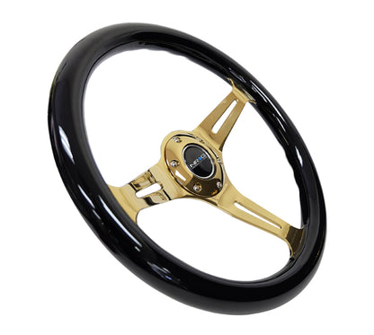 NRG Classic Wood Grain Steering Wheel 350mm Chrome Gold 3-Spokes Black Grip - eliteracefab.com