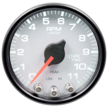 Autometer Spek-Pro Gauge Tach 2 1/16in 11K Rpm W/ Shift Light & Peak Mem Wht/Blk P33612