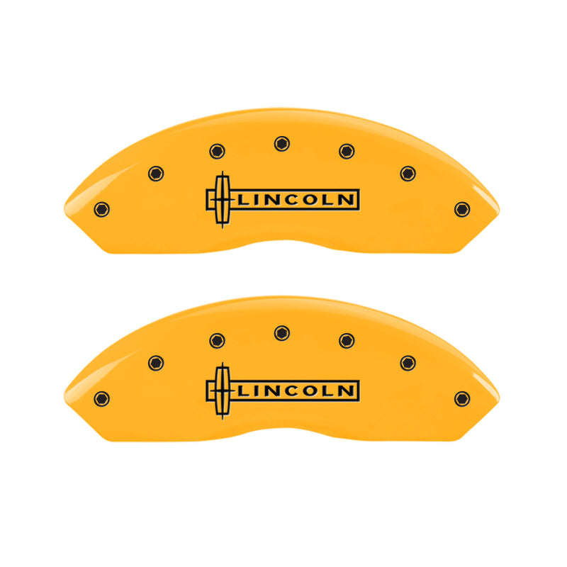 MGP 4 Caliper Covers Engraved Front Lincoln Engraved Rear Star logo Yellow finish black ch MGP
