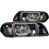 ANZO USA Ford Mustang Crystal Headlights Black W/ Corner Lights 2pc; 1987-1993