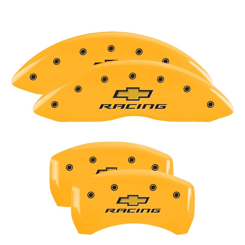 MGP 4 Caliper Covers Engraved F & R Chevy Racing Yellow Finish Black Char 2019 Chevrolet Malibu MGP