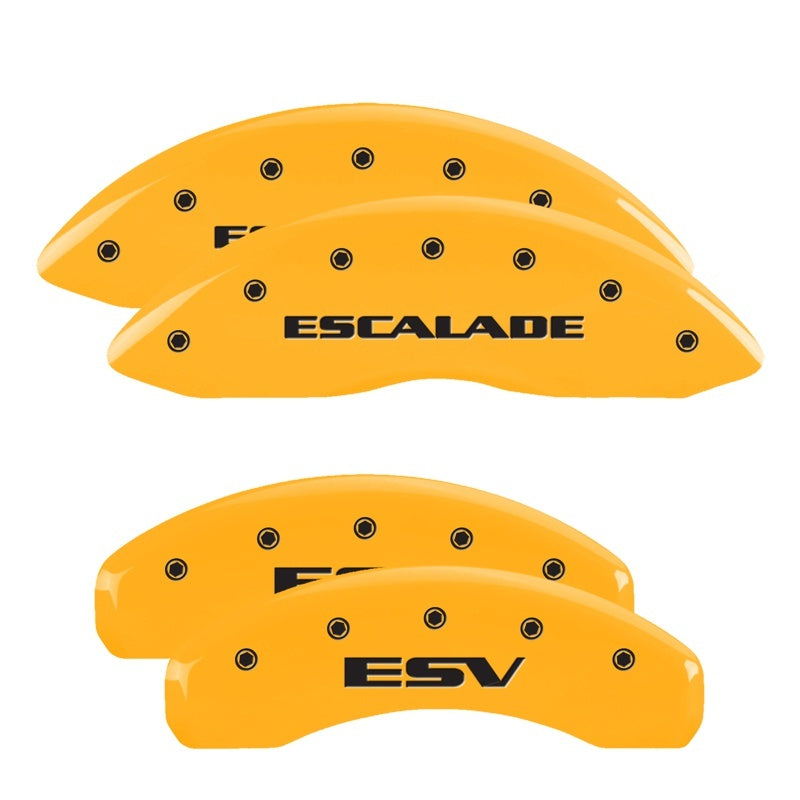 MGP 4 Caliper Covers Engraved Front Escalade Engraved Rear ESV Yellow finish black ch