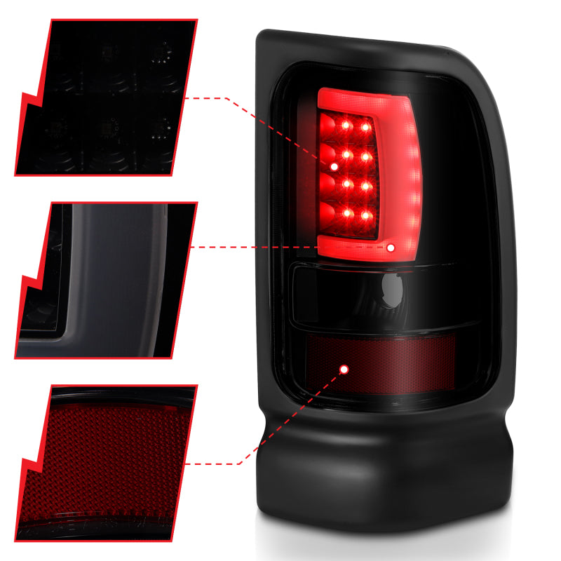 ANZO 1994-2001 Dodge Ram 1500 LED Taillights Plank Style Black w/Smoke Lens - eliteracefab.com