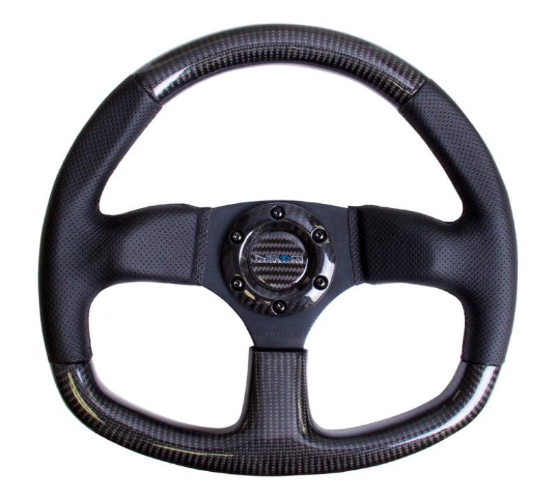 NRG Carbon Fiber Steering Wheel (320mm) Flat Bottom & Leather Trim w/Black Stitching - ST-009CFBS