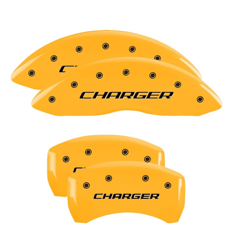 MGP 4 Caliper Covers Engraved Front & Rear Block/Charger Yellow finish black ch MGP