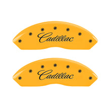 Load image into Gallery viewer, MGP 4 Caliper Covers Engraved F &amp; R Cursive/Cadillac Yellow Finish Black Char 2004 Cadillac CTS