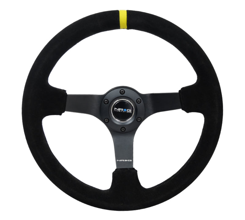 NRG Reinforced Steering Wheel (350mm / 3in. Deep) Blk Suede/X-Stitch w/5mm Blk Spoke & Yellow CM.