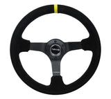 NRG Reinforced Sport Steering Wheel 350mm 3 Inch Deep 5mm Matte Black Spoke Black suede Black criss cross stitching and Yellow Center Mark - RST-036MB-S-Y