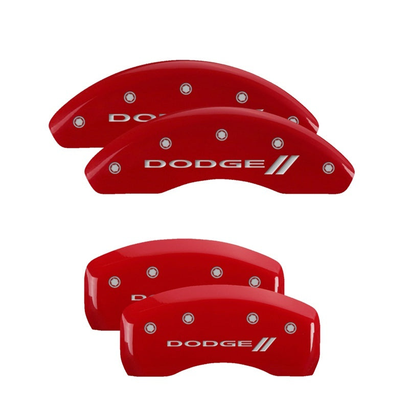 MGP 4 Caliper Covers Engraved Front & Rear With stripes/Dodge Red finish silver ch MGP