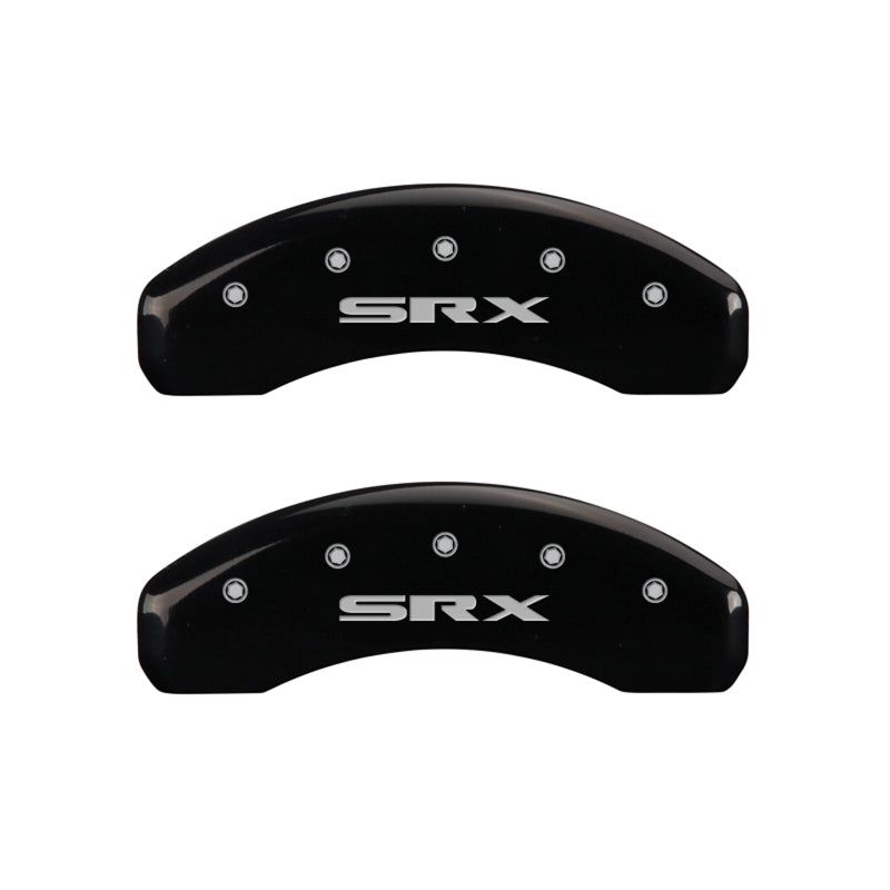 MGP 4 Caliper Covers Engraved Front Cursive/Cadillac Engraved Rear SRX Black finish silver ch MGP
