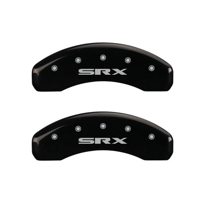 MGP 4 Caliper Covers Engraved Front Cursive/Cadillac Engraved Rear SRX Black finish silver ch MGP
