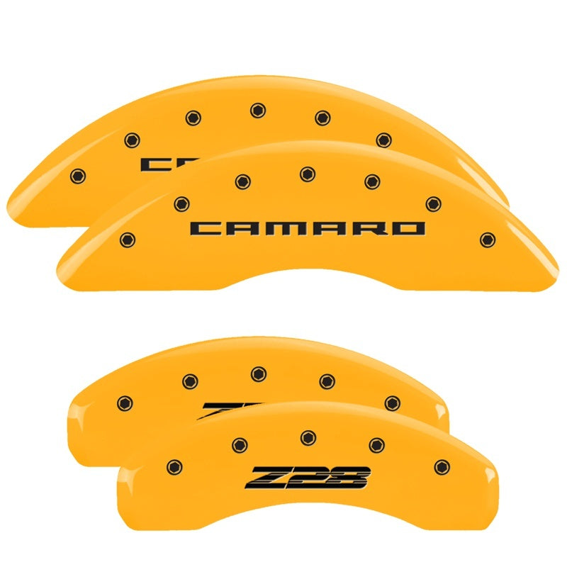 MGP 4 Caliper Covers Engraved Front Gen 5/Camaro Engraved Rear Gen 5/Z28 Yellow finish black ch MGP