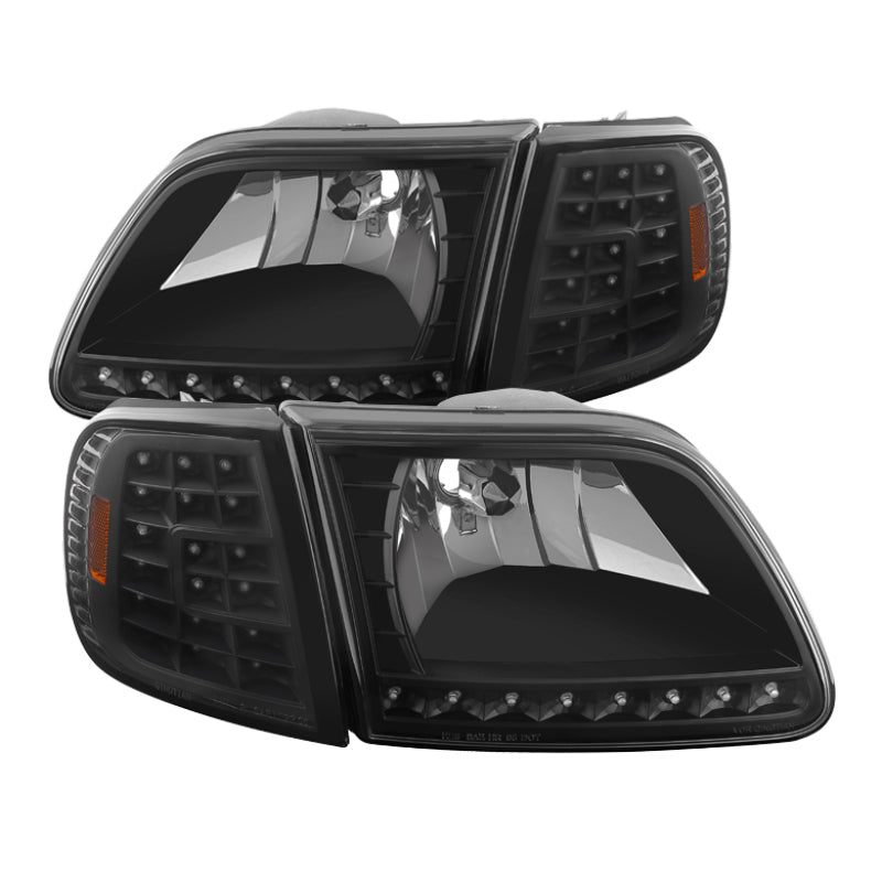 Xtune Ford F150 97-03 Crystal Headlights w/ Clear LED Corners Black HD-ON-FF15097-LED-SET-BK - eliteracefab.com