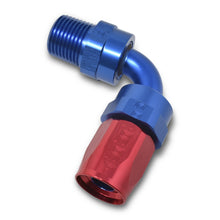 Load image into Gallery viewer, Russell Performance -12 AN Red/Blue 90 Deg Full Flow Swivel Pipe Thread Hose End (With 1/2in NPT)