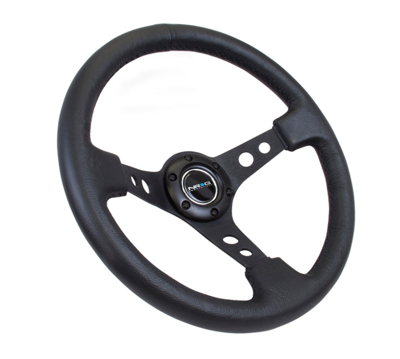 NRG Reinforced Sport Steering Wheel 350mm 3 Inch Deep Black Spoke Round holes Black Leather - eliteracefab.com