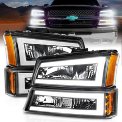 ANZO 2003-2006 Chevrolet Silverado 1500 Crystal Headlights w/ Light Bar Black Housing - eliteracefab.com