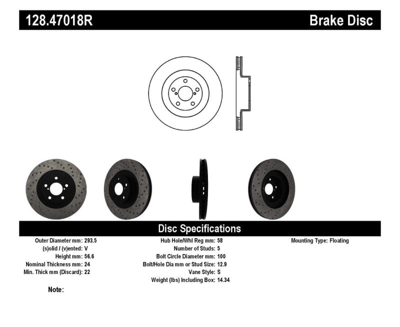 STOPTECH 02-10 WRX DRILLED RIGHT FRONT ROTOR, 128.47018R - eliteracefab.com